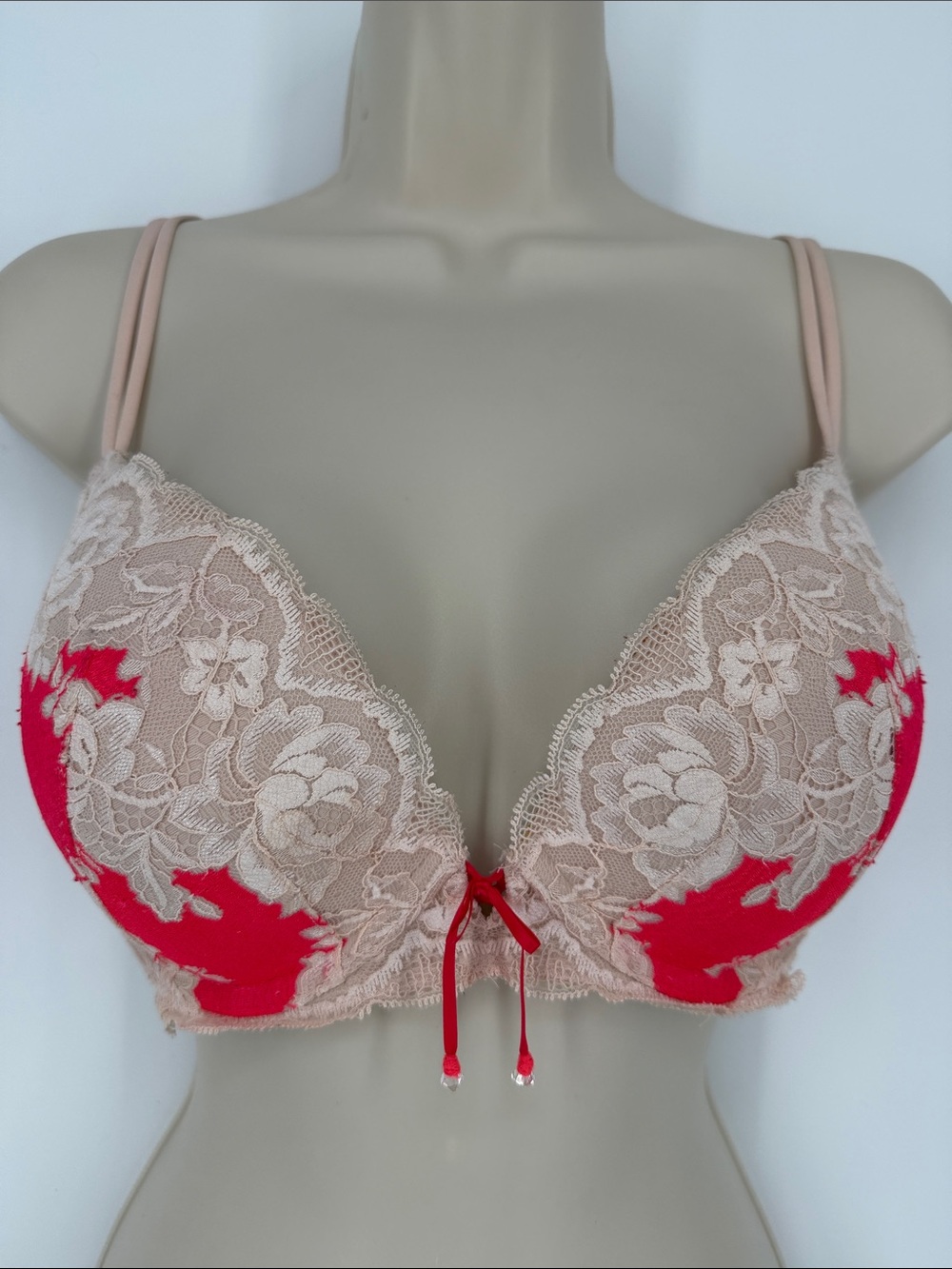 Victoria's Secret Nude Lace Push-Up Bra with Red Accents